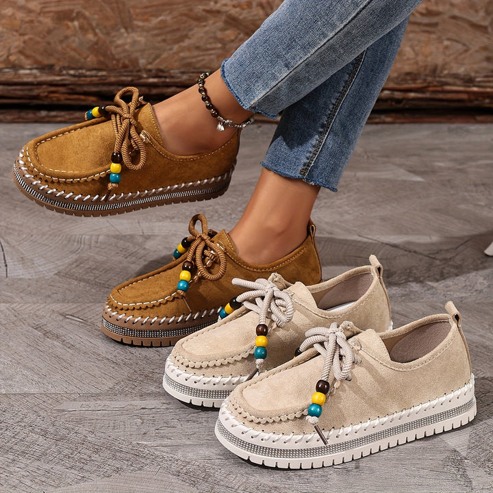 Damen Vintage Perlen Schnür Schuhe